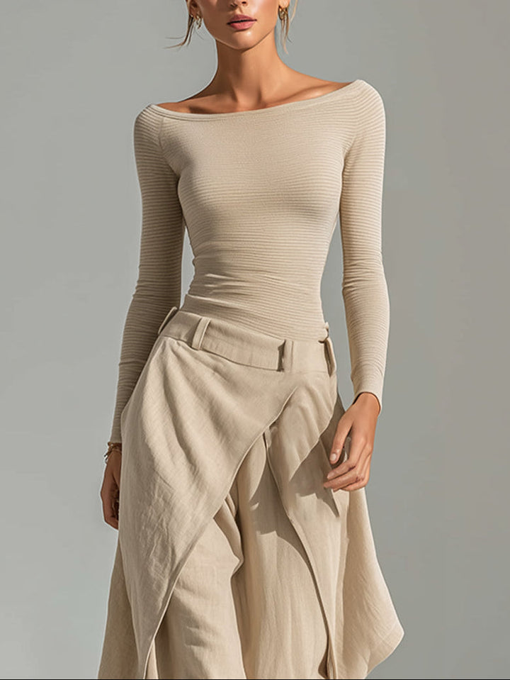 Giuliana | Completo beige con top a scollo a barca e pantaloni a gamba larga a strati