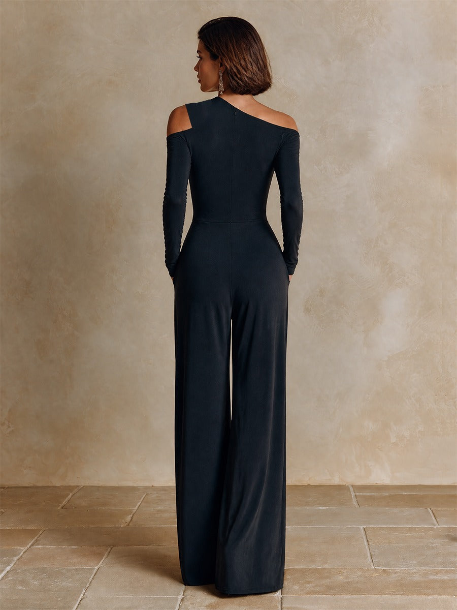Raffaella | Tuta elegante nera monospalla con pantaloni a gamba larga