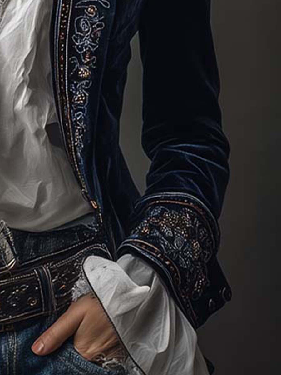 Athénaïs | Giacca lunga ricamata vintage blu navy