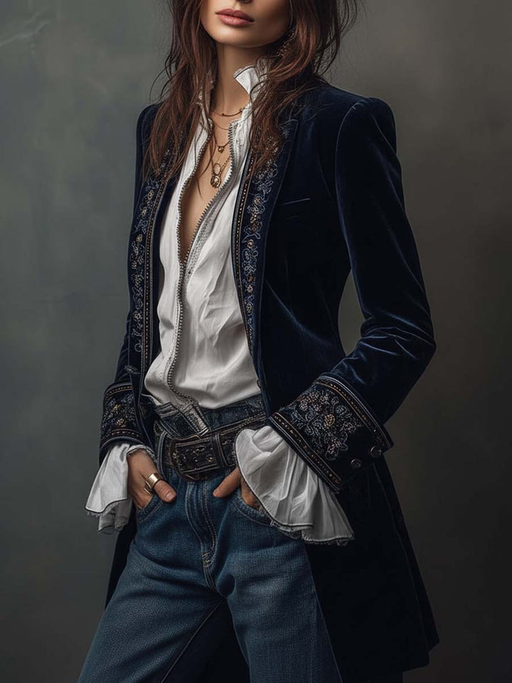 Athénaïs | Giacca lunga ricamata vintage blu navy