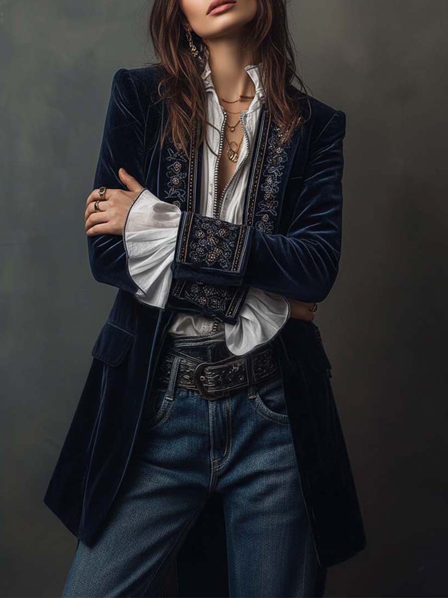 Athénaïs | Giacca lunga ricamata vintage blu navy