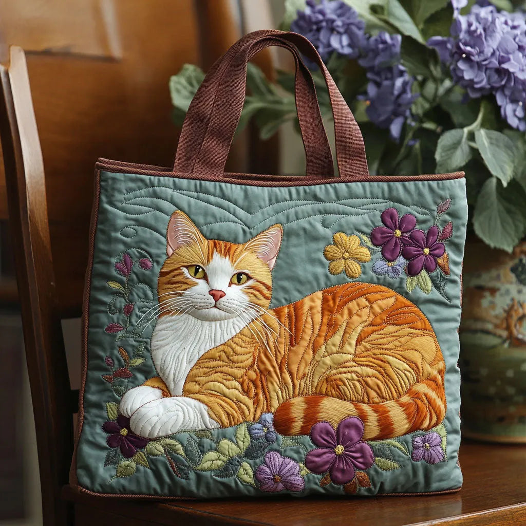 Borsa shopper trapuntata con gatto marrone