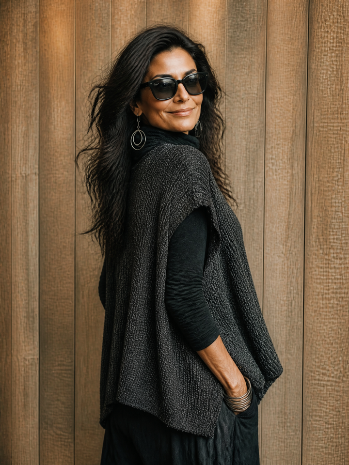 Pullover smanicato da donna in maglia di cotone, casual rétro, con scollo rotondo ZMZ1162H0ZJY