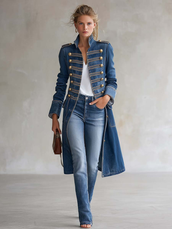 Giulia | Cappotto lungo in denim da donna, aderente, stile militare, con bottoni dorati