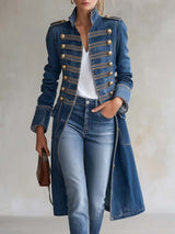 Giulia | Cappotto lungo in denim da donna, aderente, stile militare, con bottoni dorati