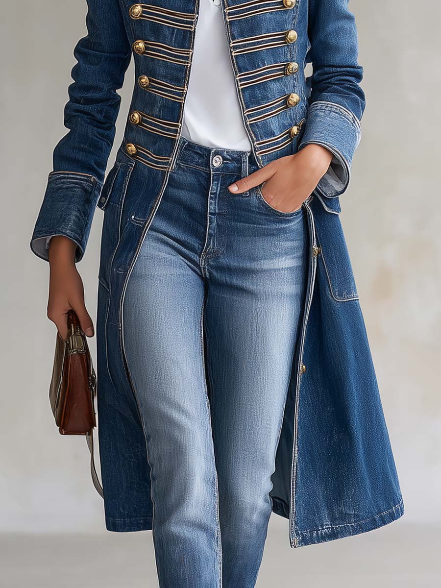 Giulia | Cappotto lungo in denim da donna, aderente, stile militare, con bottoni dorati