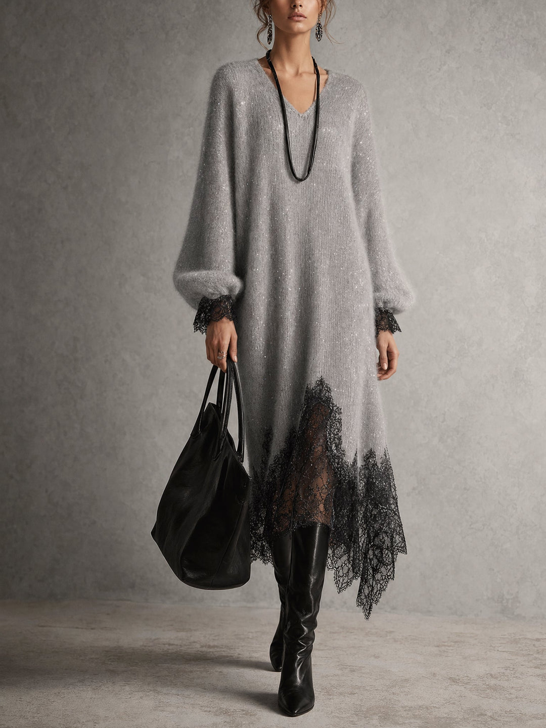 Lucía | Abito midi grigio in maglia con bordo in pizzo