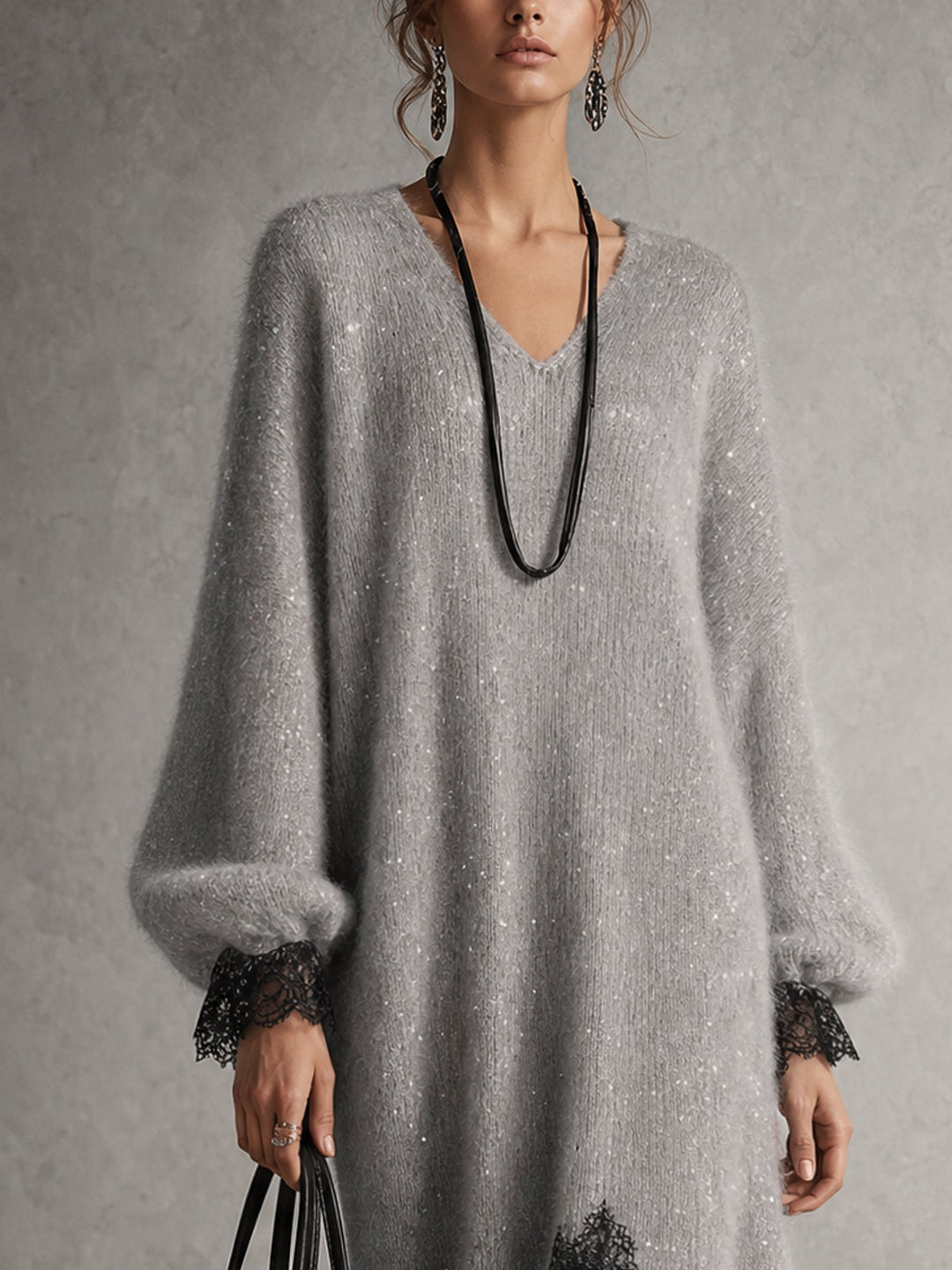 Lucía | Abito midi grigio in maglia con bordo in pizzo