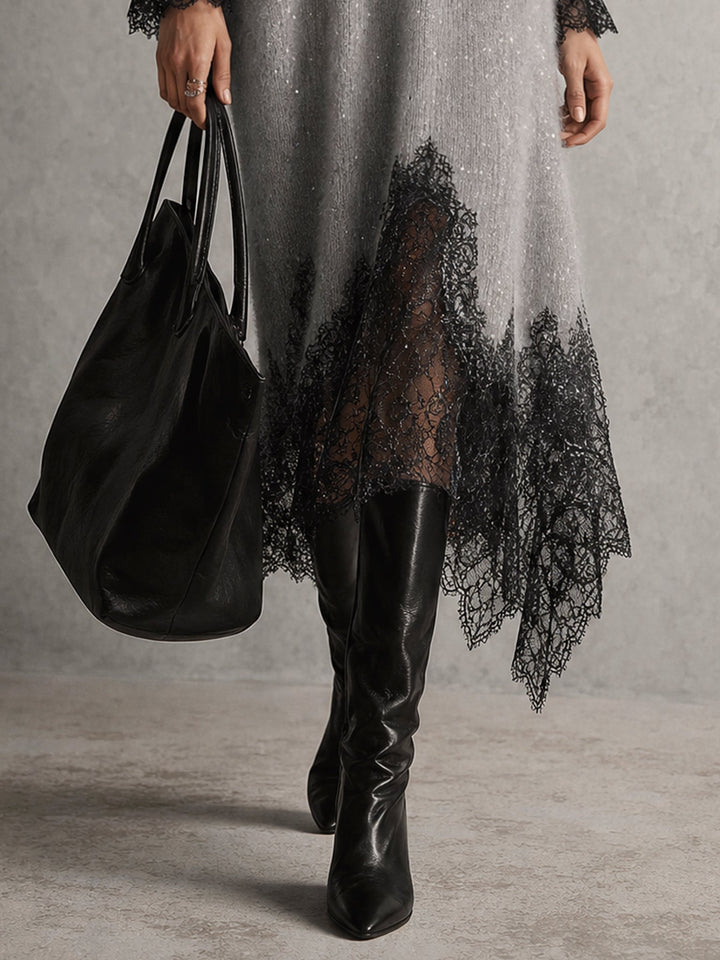 Lucía | Abito midi grigio in maglia con bordo in pizzo