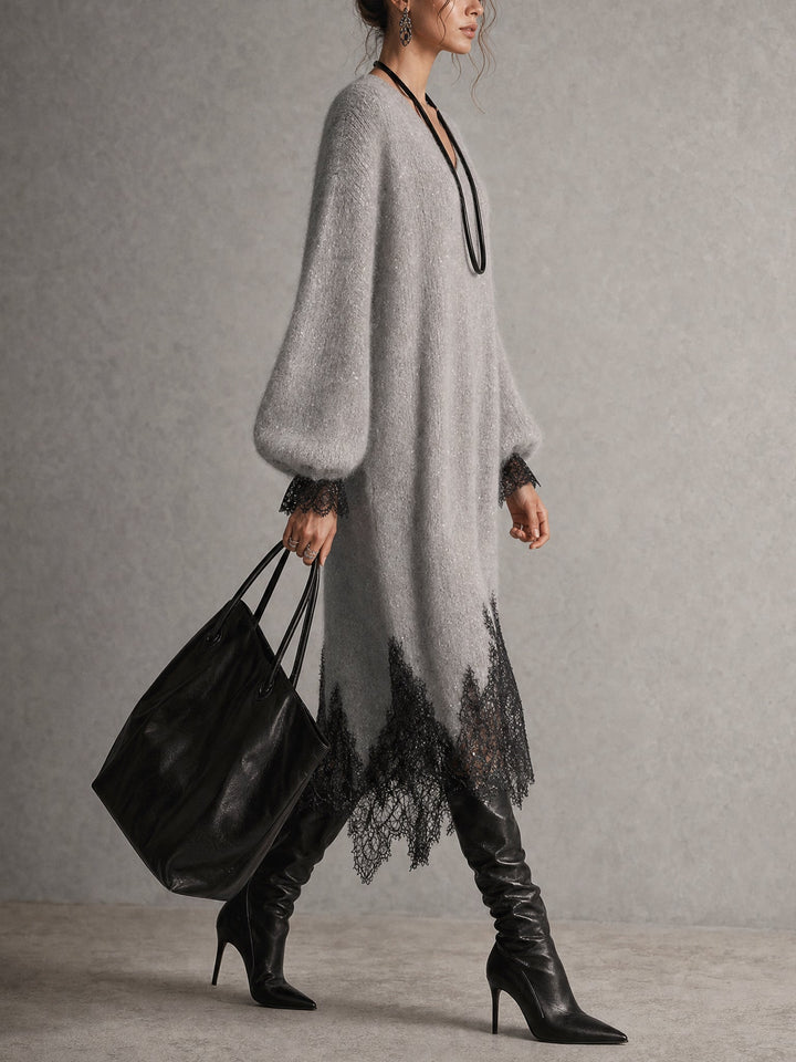 Lucía | Abito midi grigio in maglia con bordo in pizzo