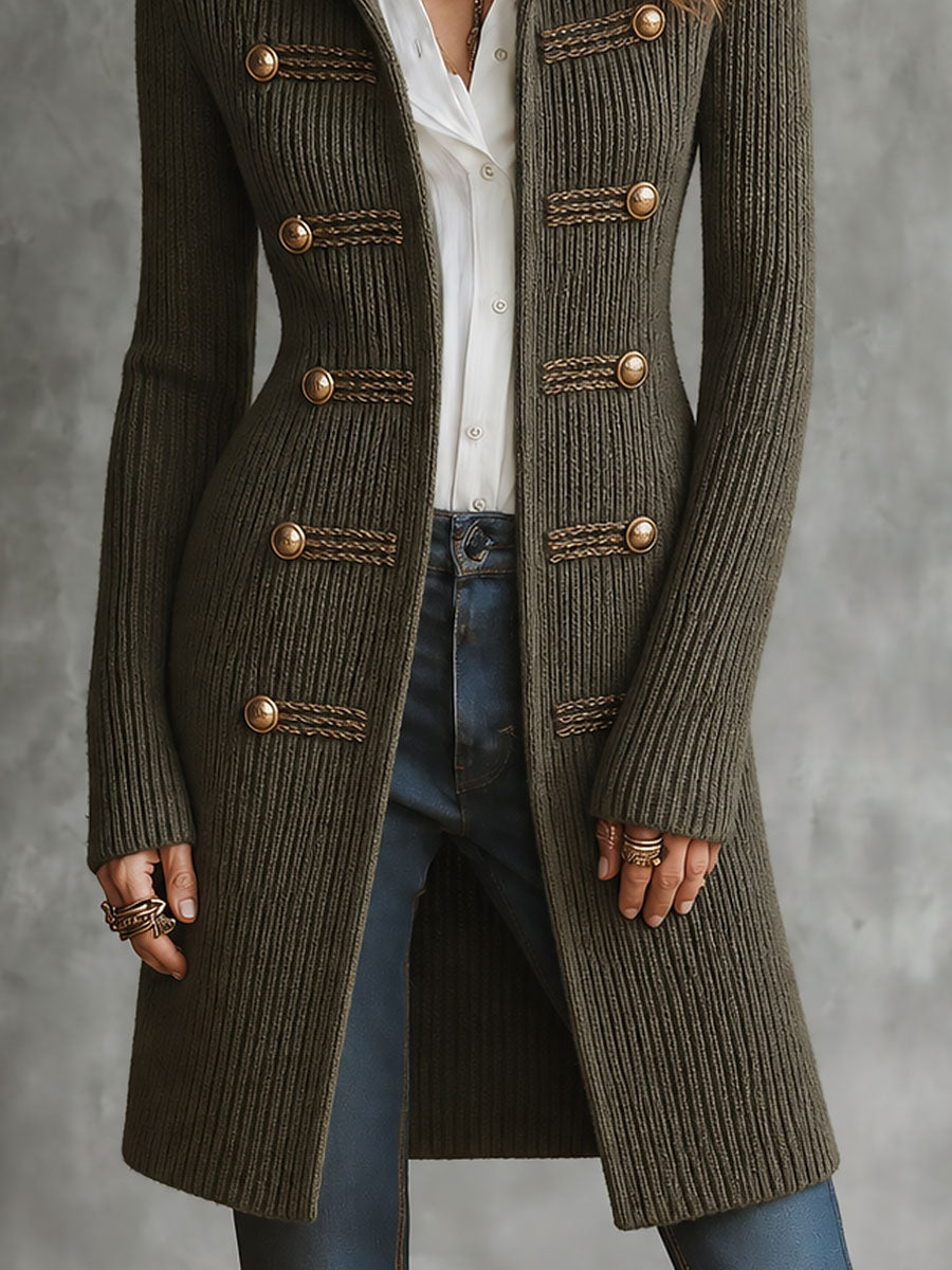 Cardigan lungo in maglia a coste ispirato allo stile militare con dettagli di bottoni intrecciati