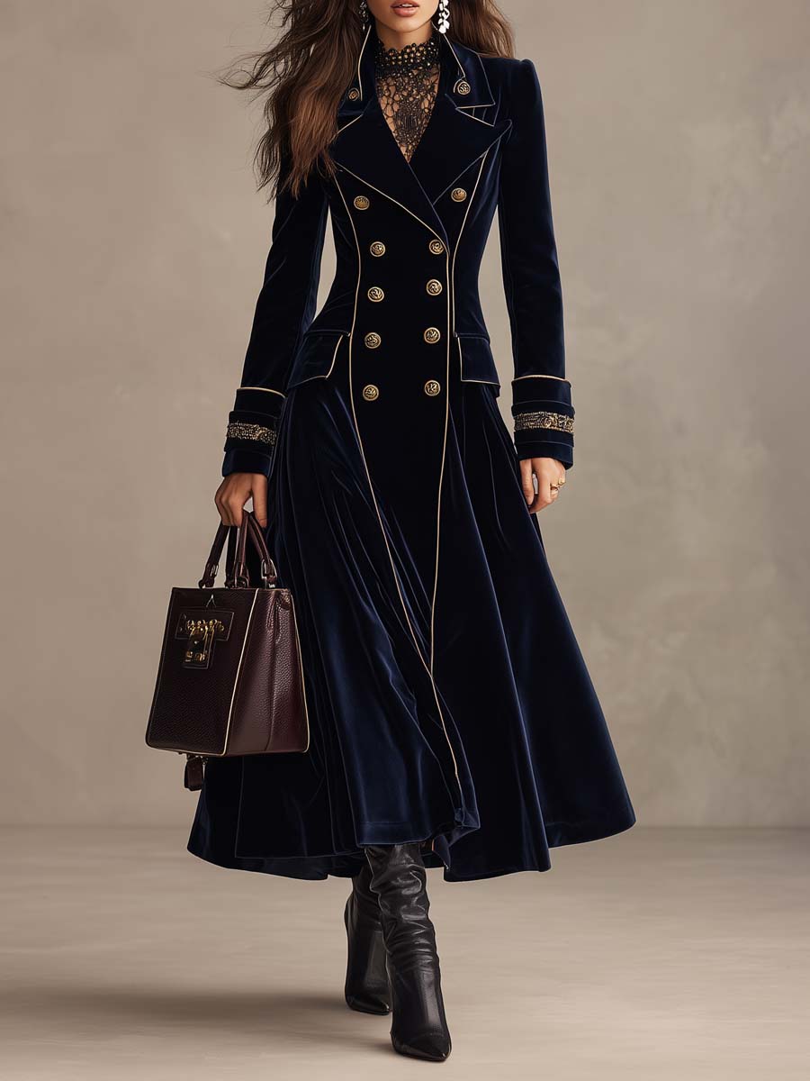Elegante cappotto lungo doppiopetto in velluto blu navy con polsini ricamati e profili dorati