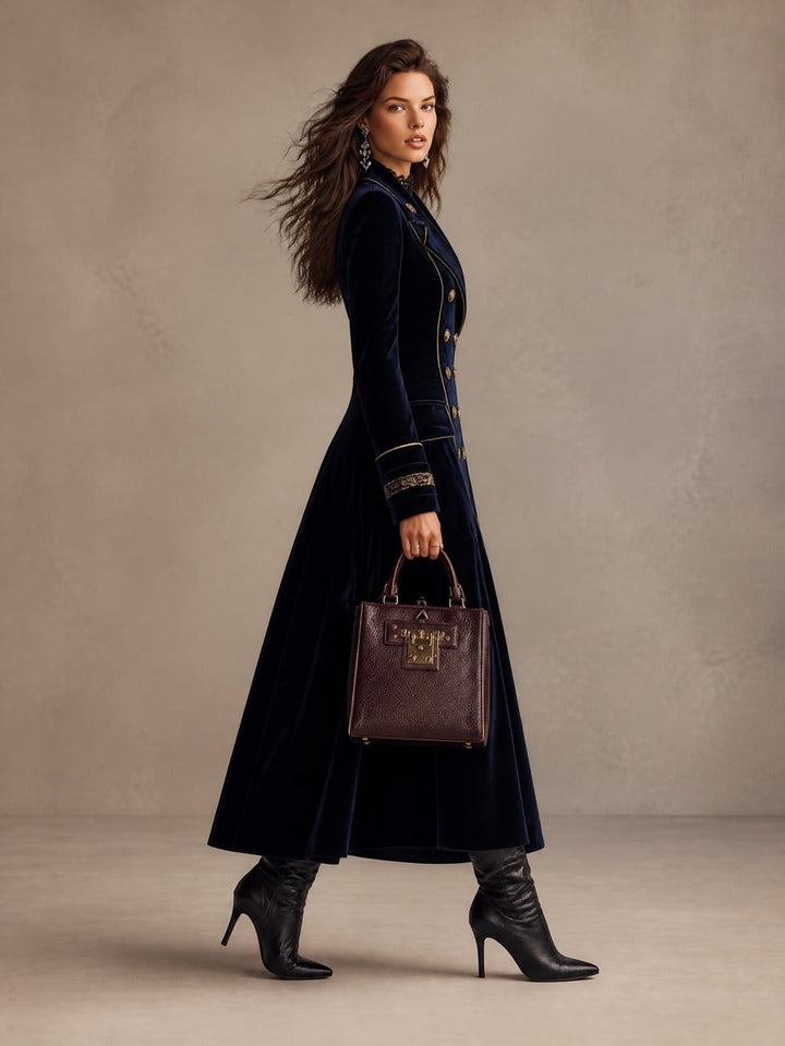 Elegante cappotto lungo doppiopetto in velluto blu navy con polsini ricamati e profili dorati