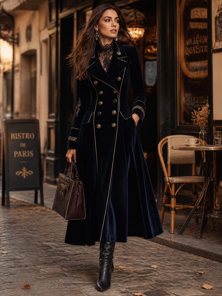 Elegante cappotto lungo doppiopetto in velluto blu navy con polsini ricamati e profili dorati