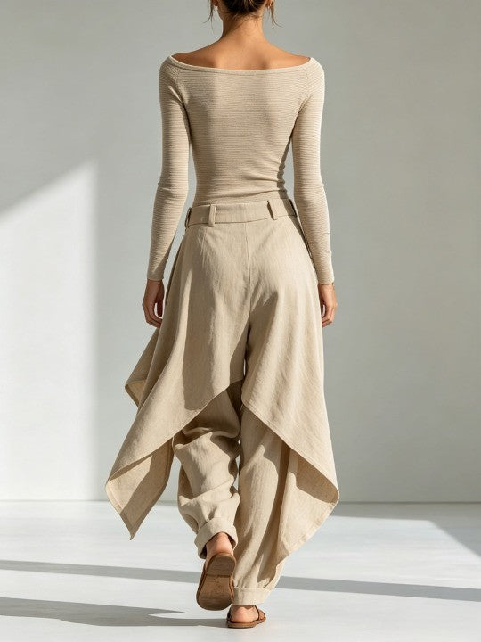 Giuliana | Completo beige con top a scollo a barca e pantaloni a gamba larga a strati