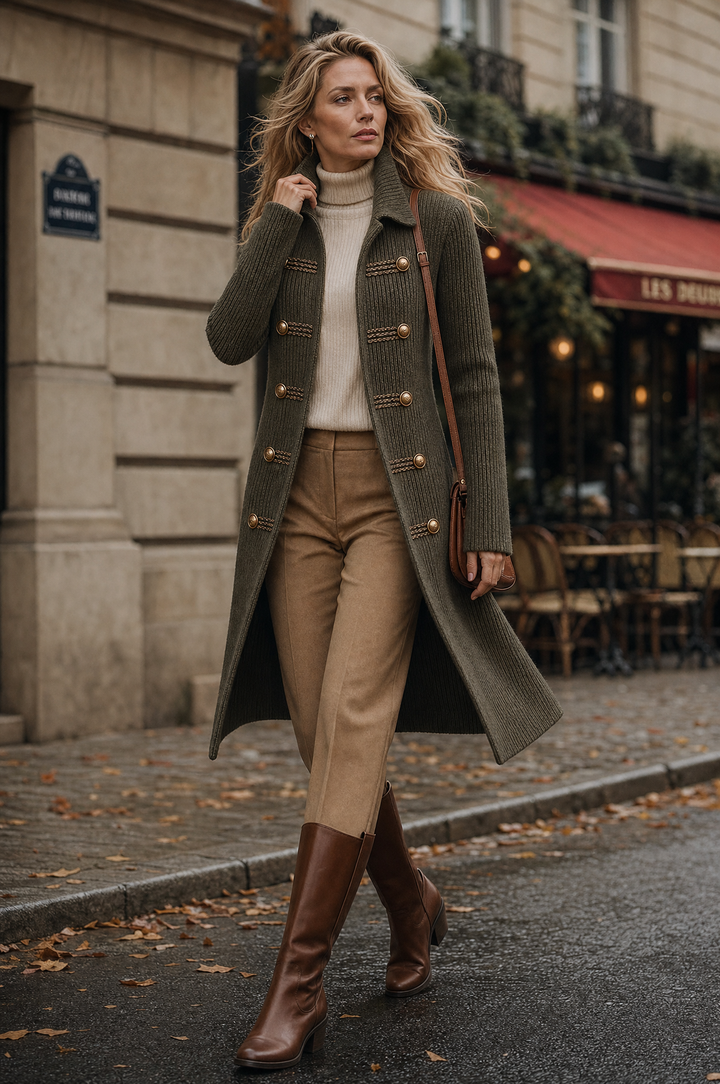 Cardigan lungo in maglia a coste ispirato allo stile militare con dettagli di bottoni intrecciati