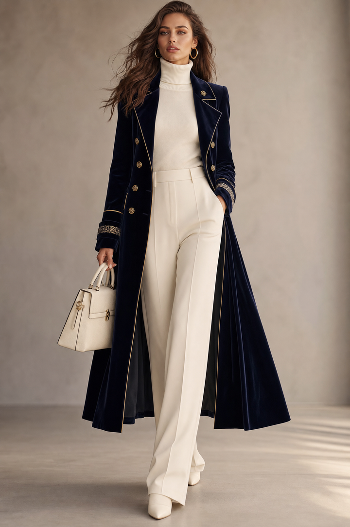 Elegante cappotto lungo doppiopetto in velluto blu navy con polsini ricamati e profili dorati