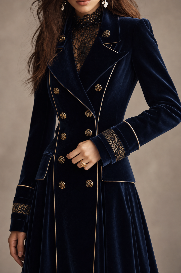 Elegante cappotto lungo doppiopetto in velluto blu navy con polsini ricamati e profili dorati