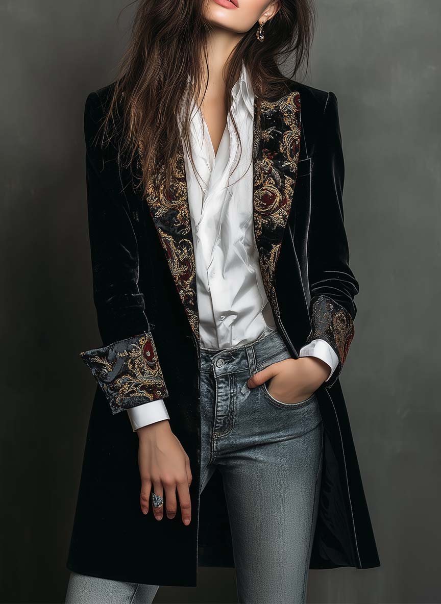 Léontine | Blazer aderente con stampa barocca nera