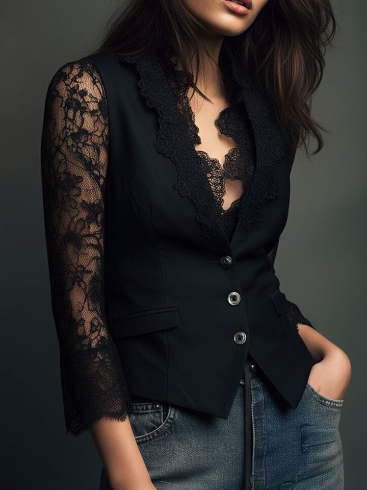 Noémie | Top Blazer Nero con Maniche Semitrasparenti