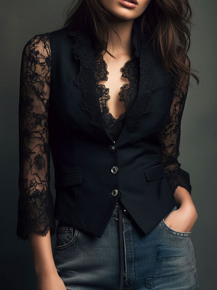 Noémie | Top Blazer Nero con Maniche Semitrasparenti