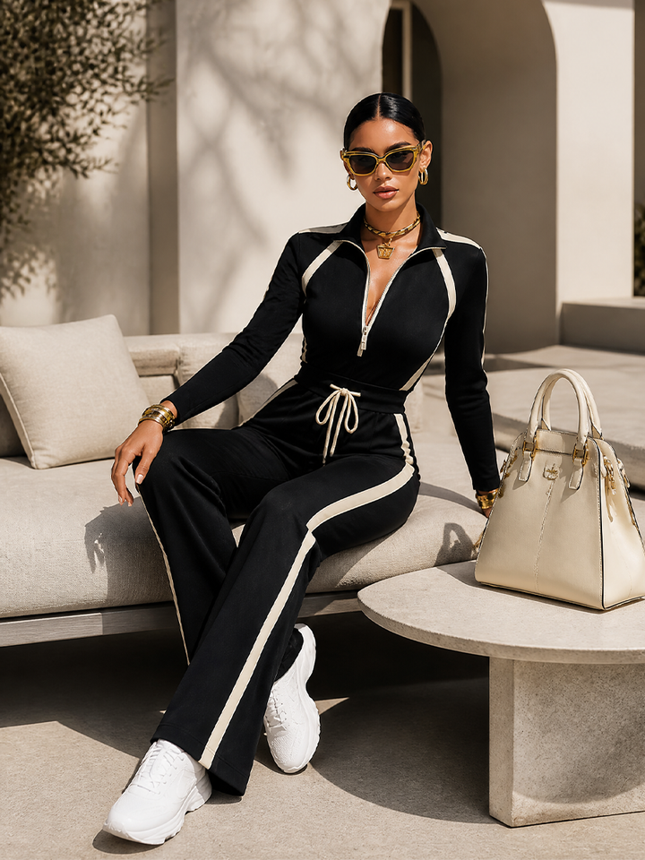 Monica | Completo da tuta con righe nere a contrasto, top con zip e pantaloni a gamba larga con coulisse