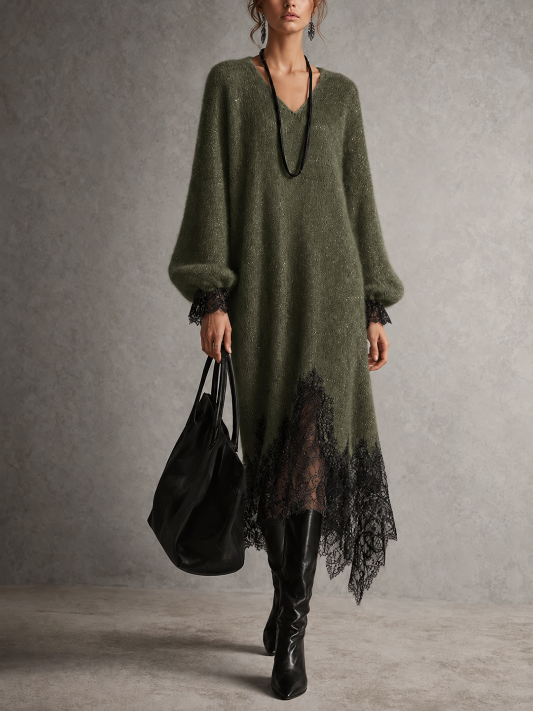 Lucía | Abito midi grigio in maglia con bordo in pizzo