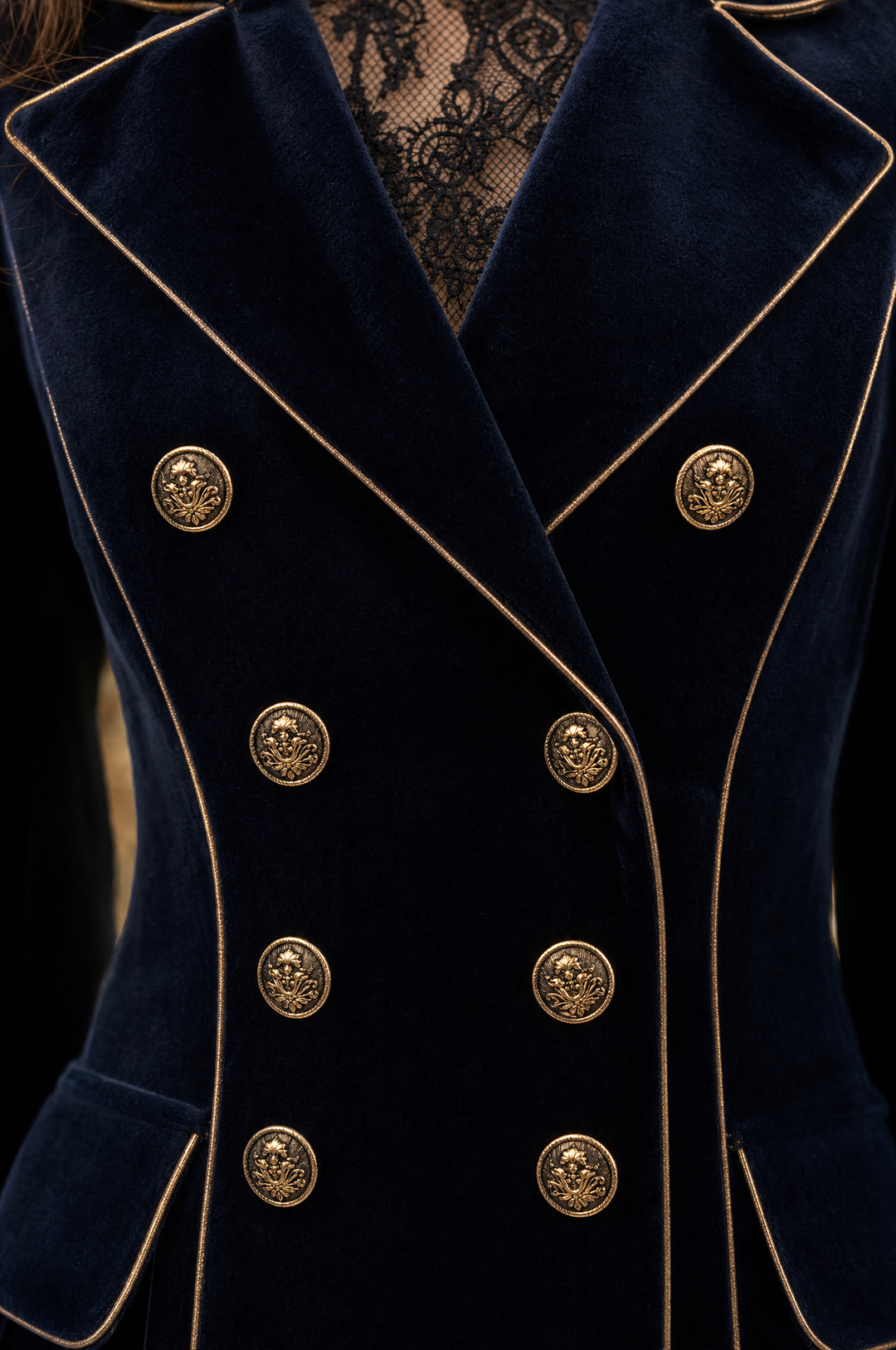 Elegante cappotto lungo doppiopetto in velluto blu navy con polsini ricamati e profili dorati