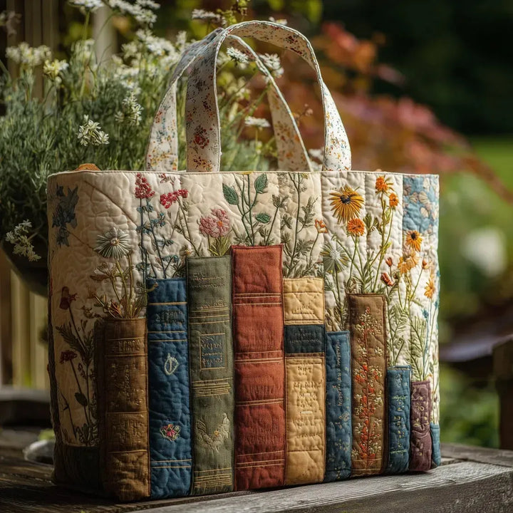 Borsa shopper trapuntata con libri e fiori