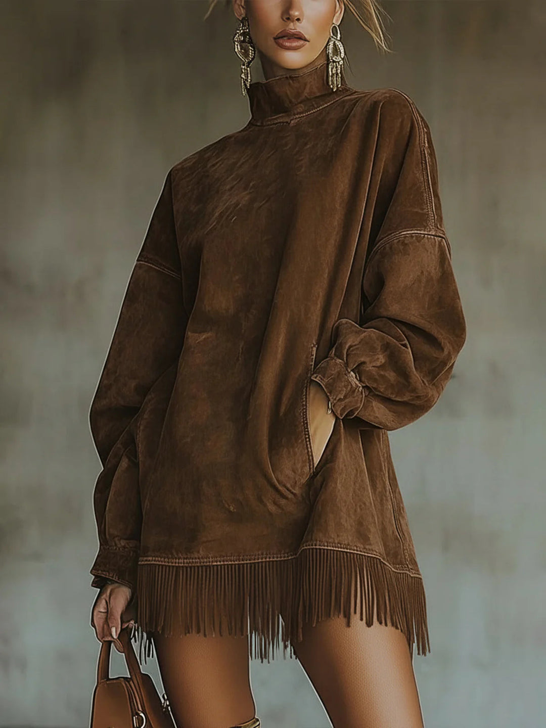 Gabrielle | Vestito effetto camoscio con collo alto e frange