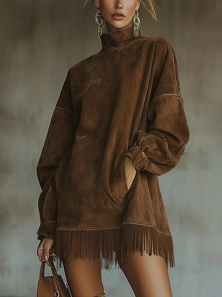 Gabrielle | Vestito effetto camoscio con collo alto e frange