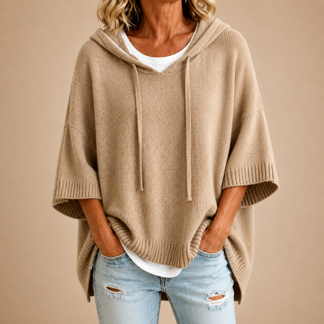 Poncho in maglia con cappuccio color kaki