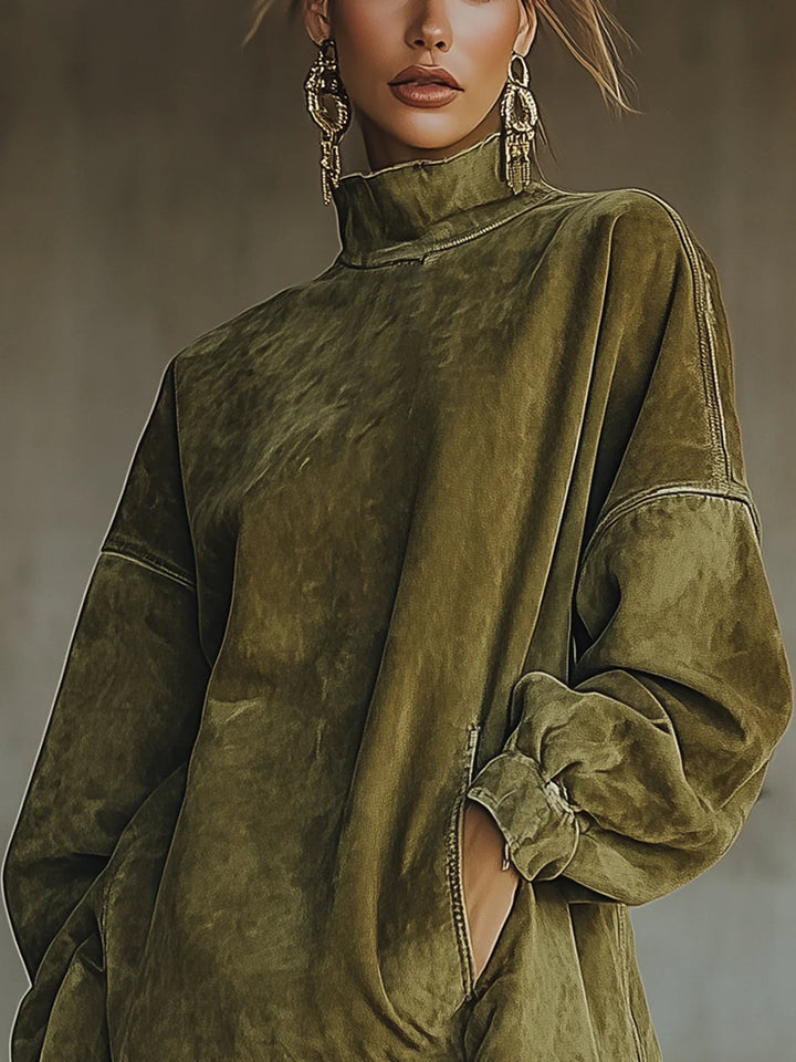 Gabrielle | Vestito effetto camoscio con collo alto e frange