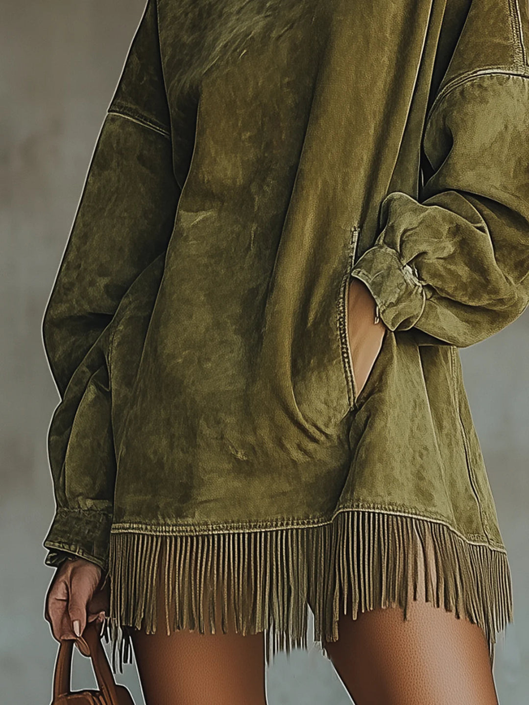 Gabrielle | Vestito effetto camoscio con collo alto e frange