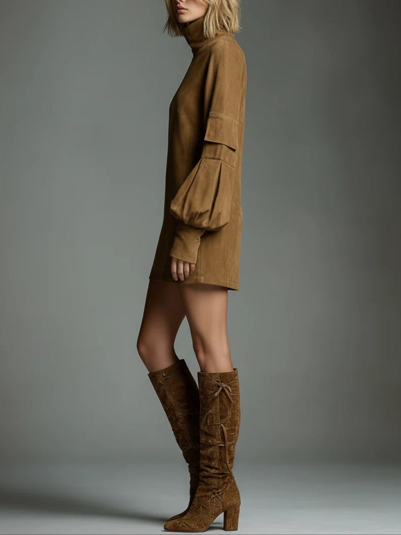 Bibiane | Mini abito oversize in camoscio con collo alto