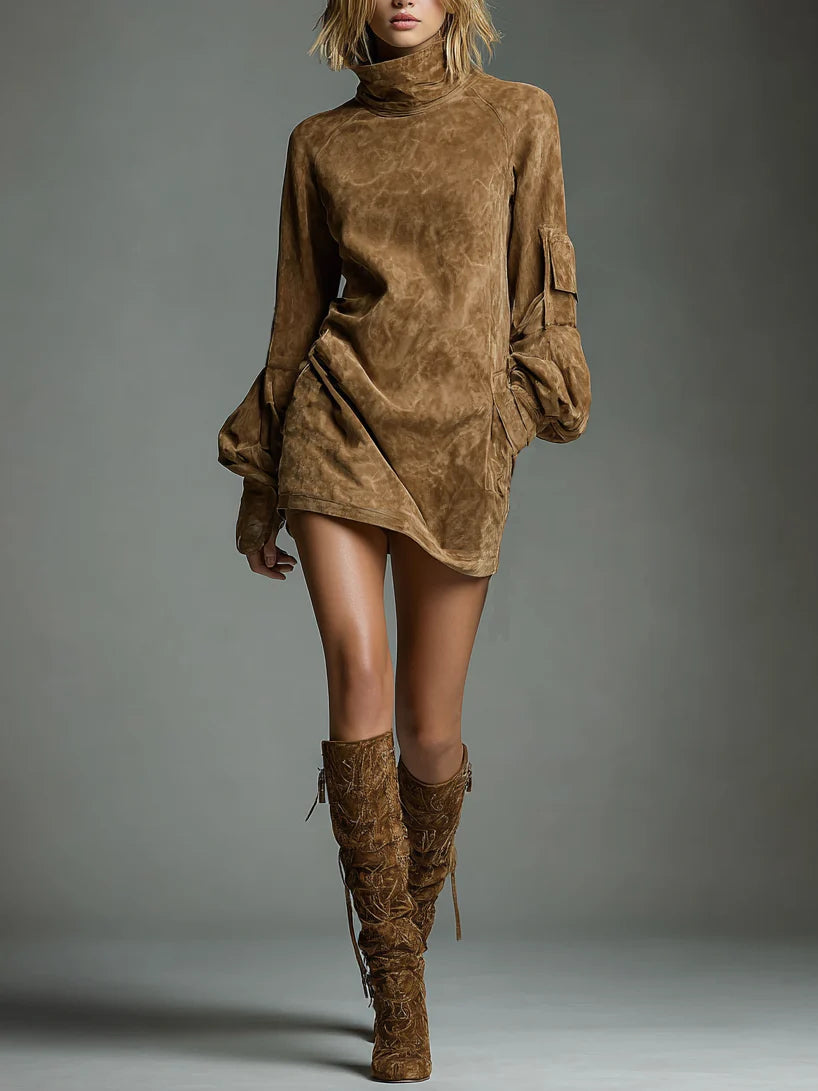 Bibiane | Mini abito oversize in camoscio con collo alto