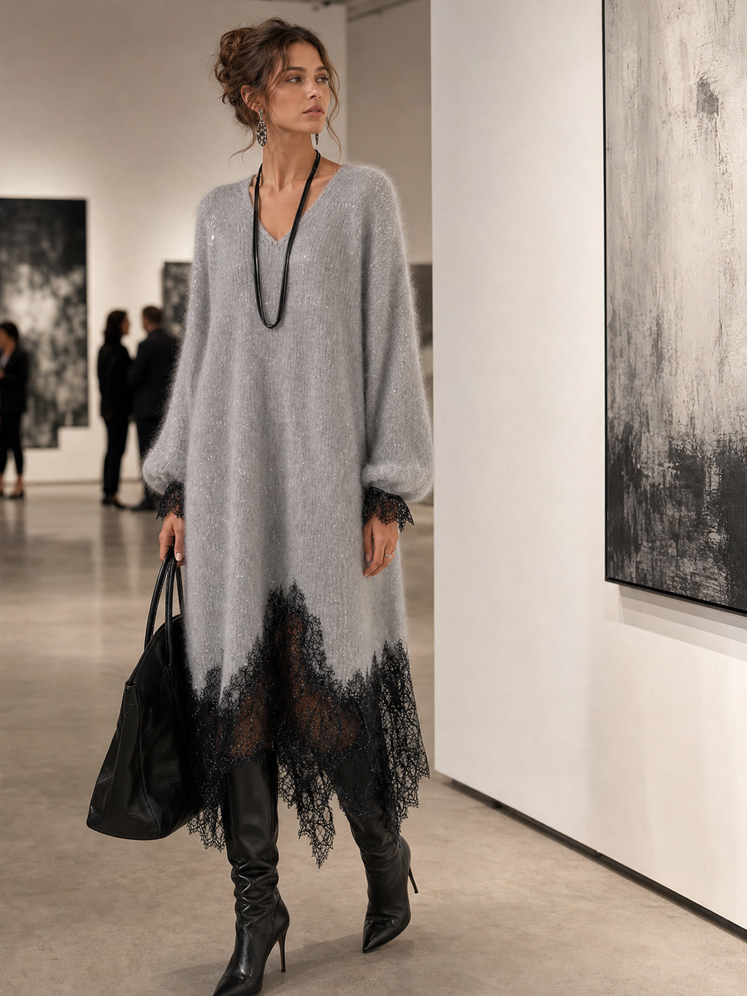 Lucía | Abito midi grigio in maglia con bordo in pizzo