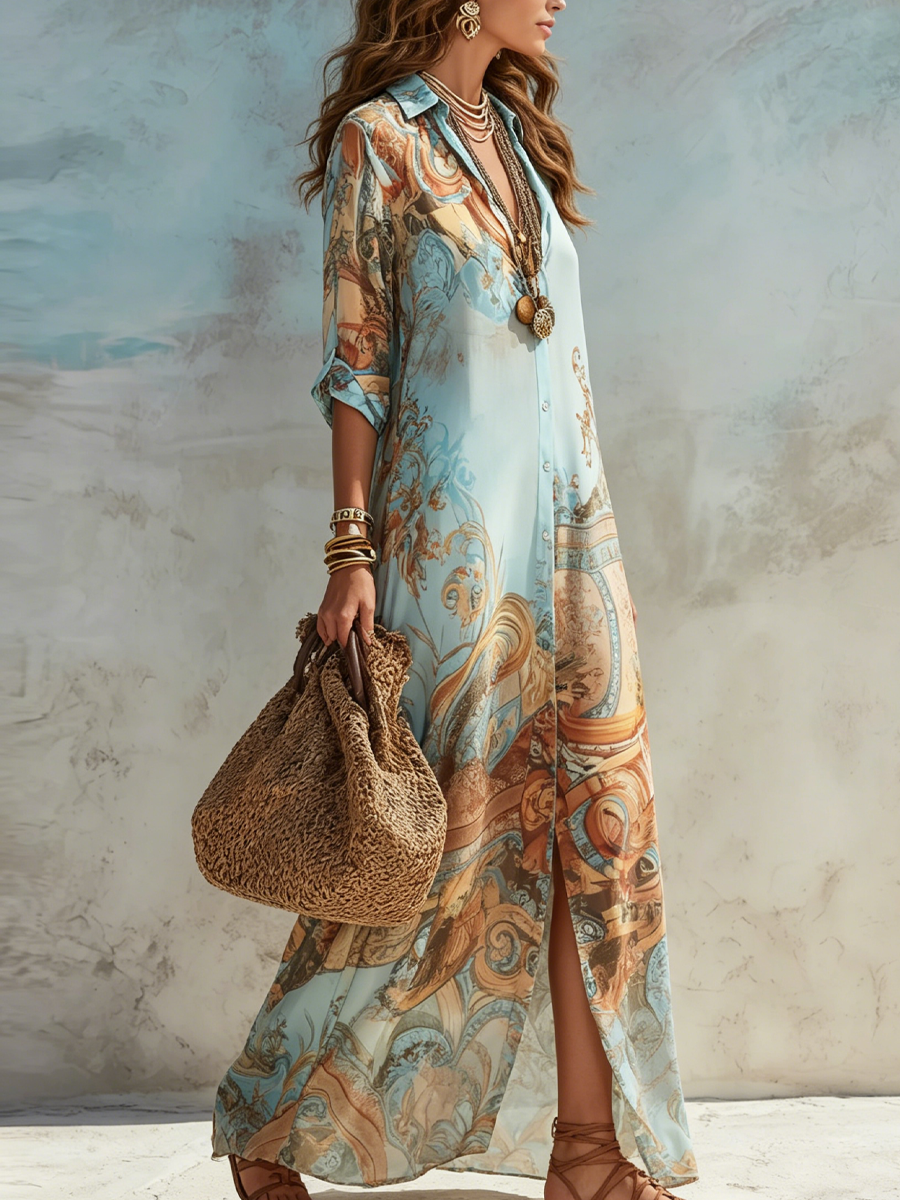 Valeria | Vestito Maxi Blu con Stampa Floreale per le Vacanze