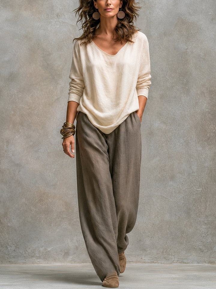 Costanza | Completo beige e grigio da tre pezzi, casual a strati, con pantaloni palazzo, elegante
