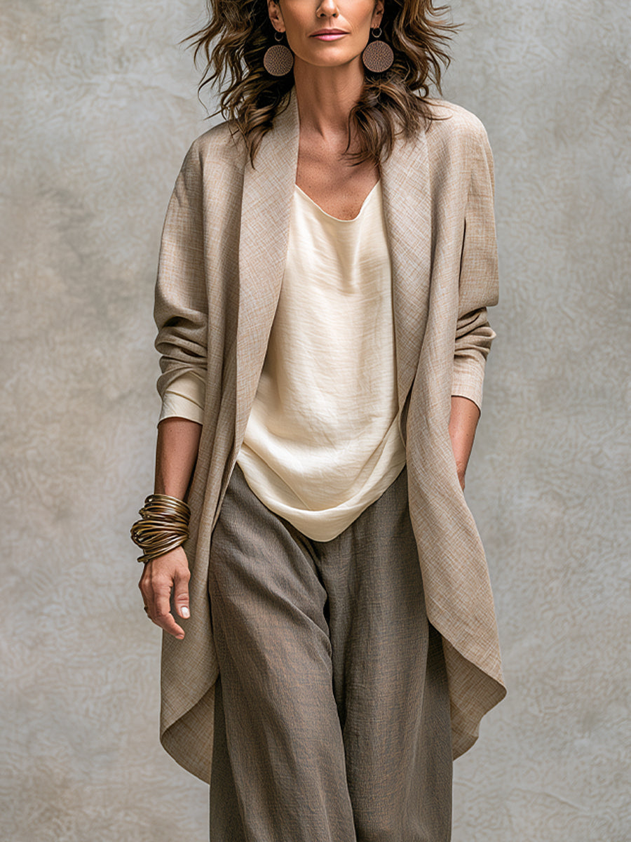 Costanza | Completo beige e grigio da tre pezzi, casual a strati, con pantaloni palazzo, elegante