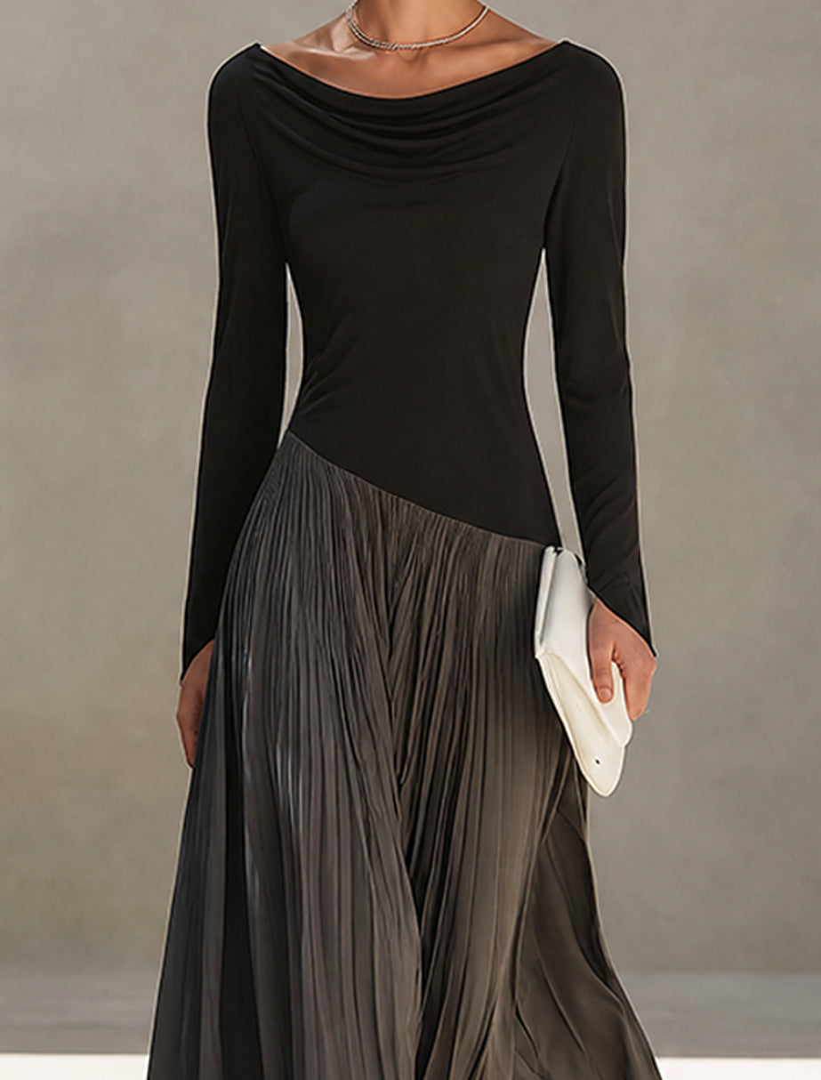 Marina | Abito maxi plissettato con scollo drappeggiato bicolore nero e grigio