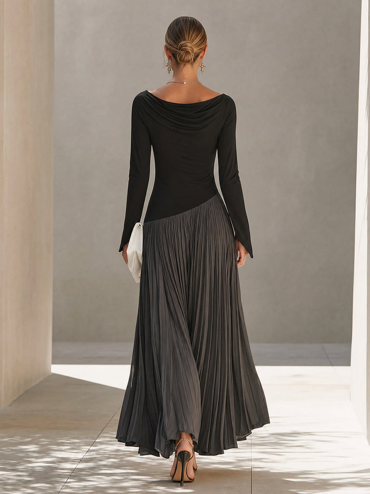 Marina | Abito maxi plissettato con scollo drappeggiato bicolore nero e grigio