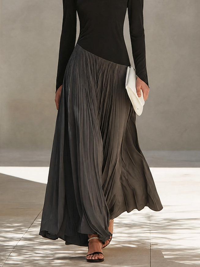 Marina | Abito maxi plissettato con scollo drappeggiato bicolore nero e grigio