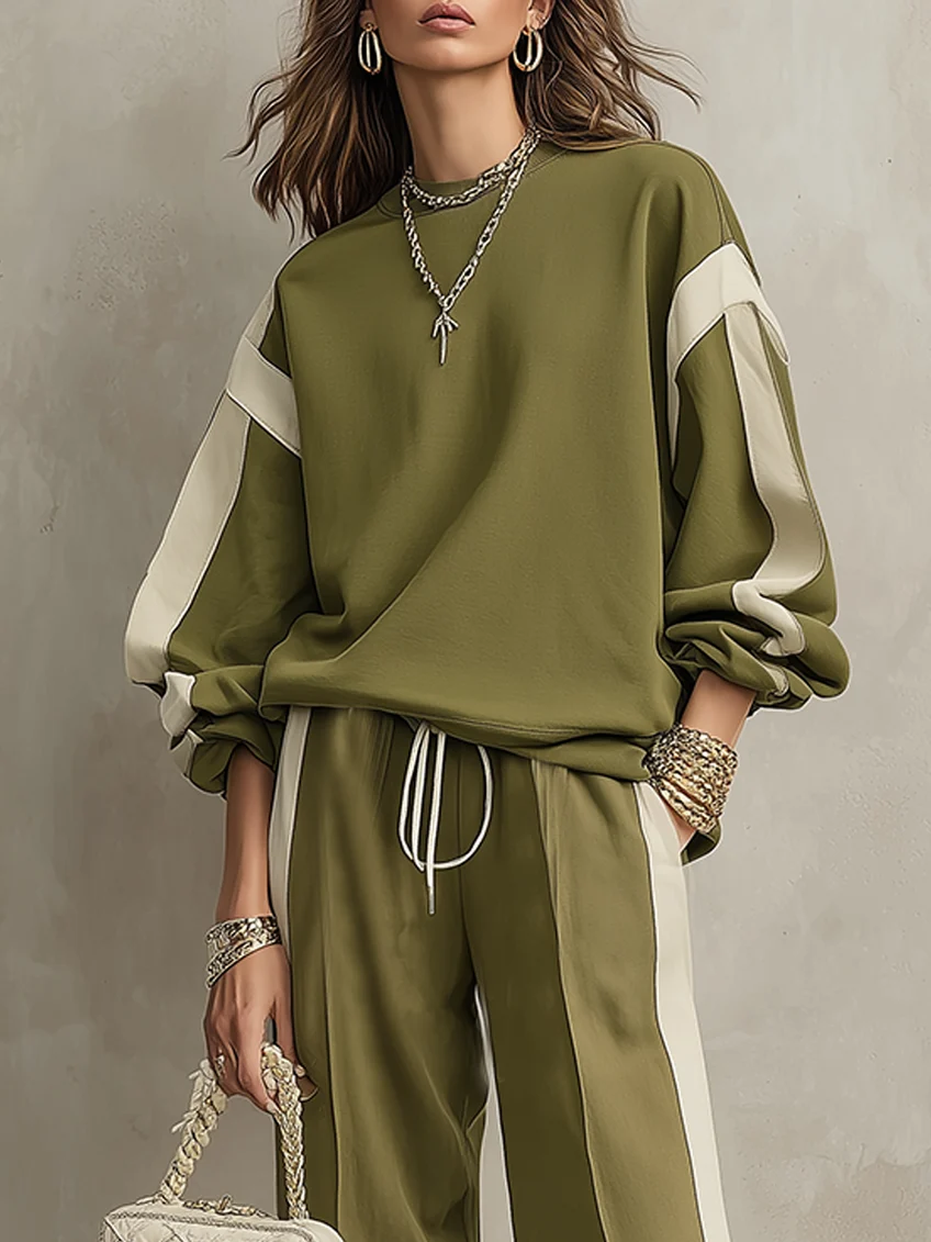 Sonia | Completo casual verde oliva con felpa girocollo e pantaloni ampi con coulisse