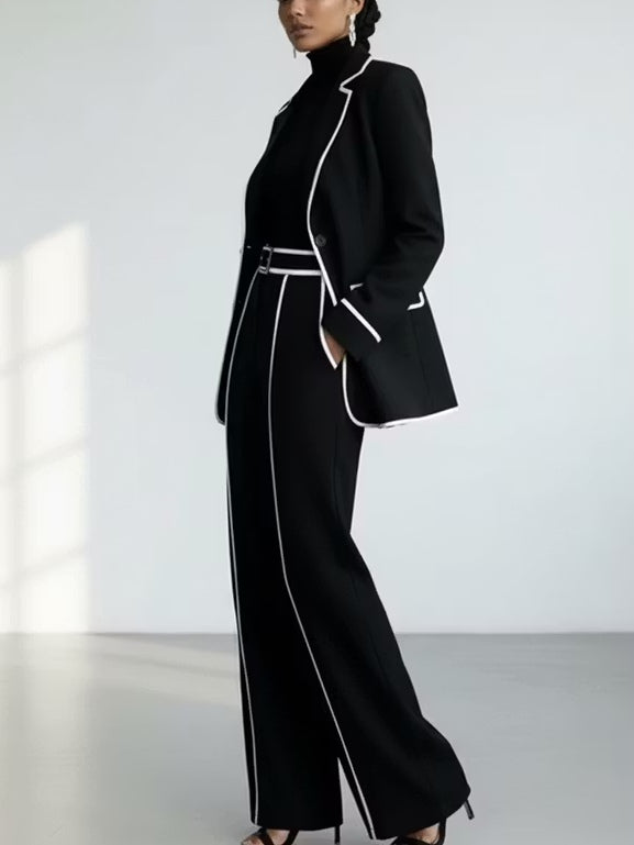 Claudia | Completo due pezzi con blazer rifinito con bordino nero a contrasto e pantaloni a gamba larga