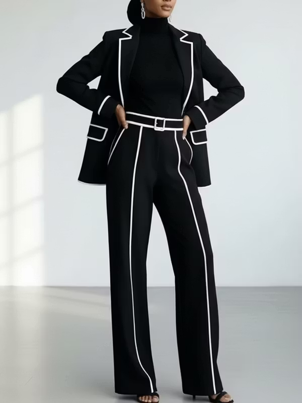 Claudia | Completo due pezzi con blazer rifinito con bordino nero a contrasto e pantaloni a gamba larga
