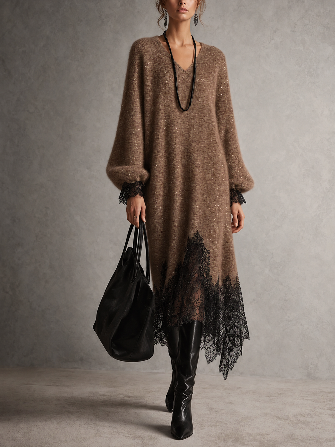 Lucía | Abito midi grigio in maglia con bordo in pizzo