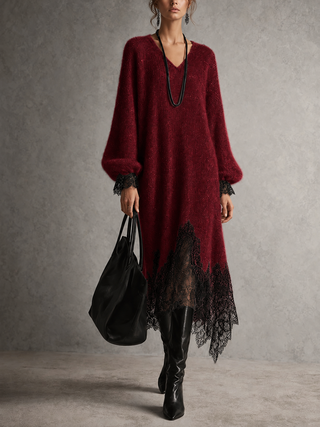 Lucía | Abito midi grigio in maglia con bordo in pizzo
