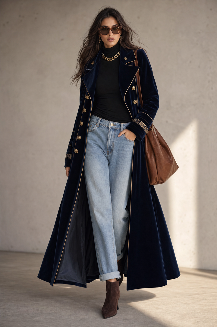 Elegante cappotto lungo doppiopetto in velluto blu navy con polsini ricamati e profili dorati