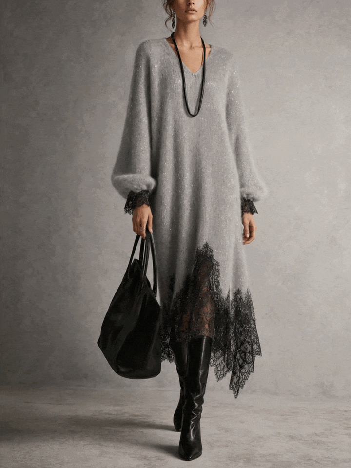 Lucía | Abito midi grigio in maglia con bordo in pizzo